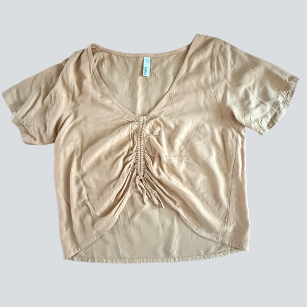 Valija Tan Ruched Front Crop Top Womens S Rayon V-Neck Boho Beige Casual